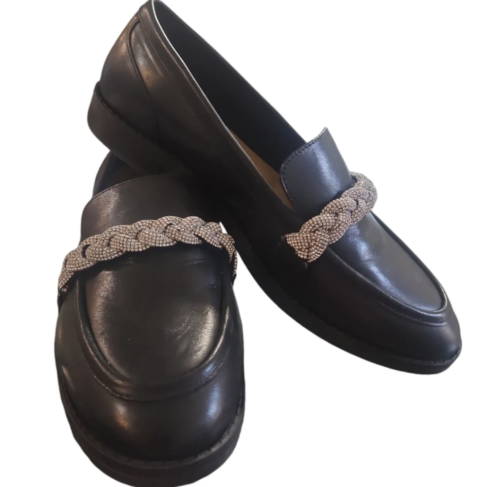 Gianni Bini Bristow Black Leather Rhinestone Braided Loafers Sz 7.5